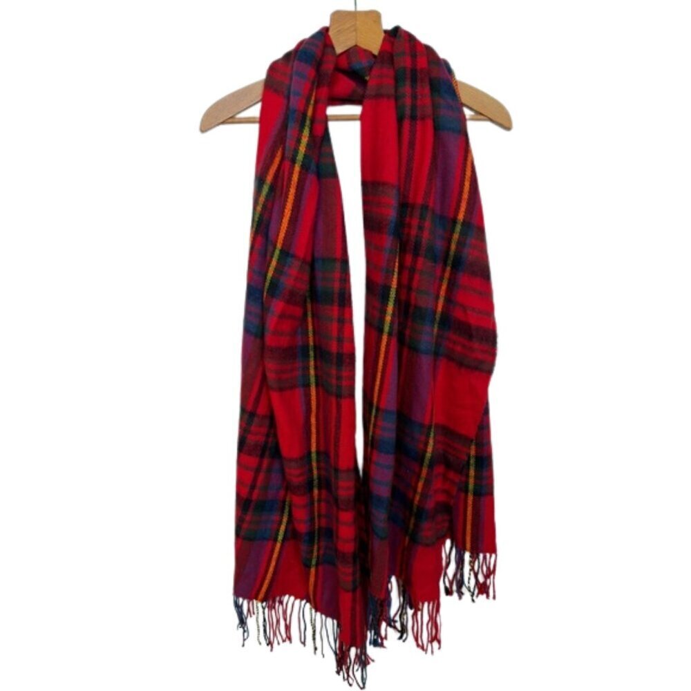 Merona Oversized Plaid Blanket Scarf Red Holiday Tartan Wrap Fringe One S